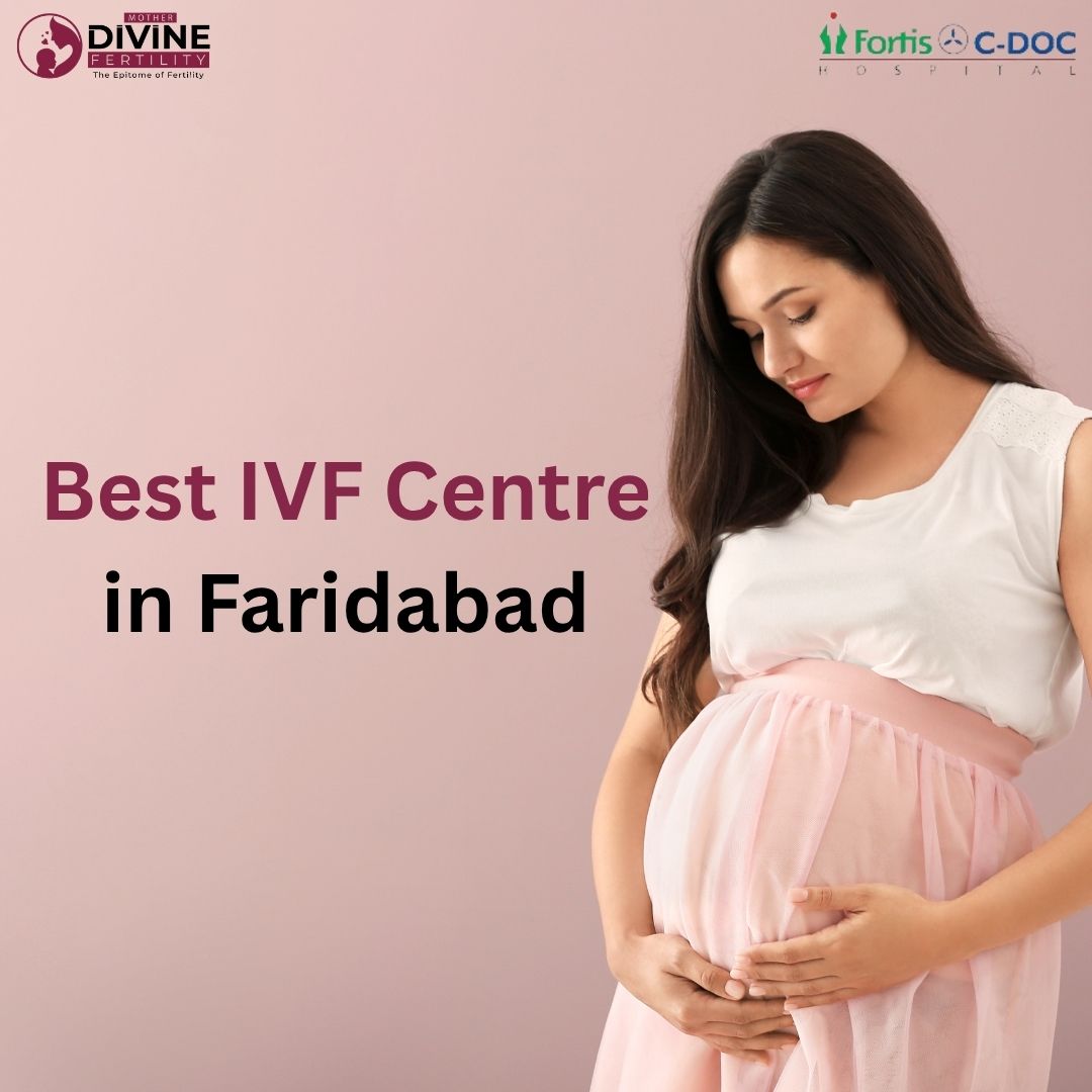 Pregnant woman standing with baby bump in soft pink dress promoting Best IVF Centre in Faridabad by Mother Divine Fertility Centre.