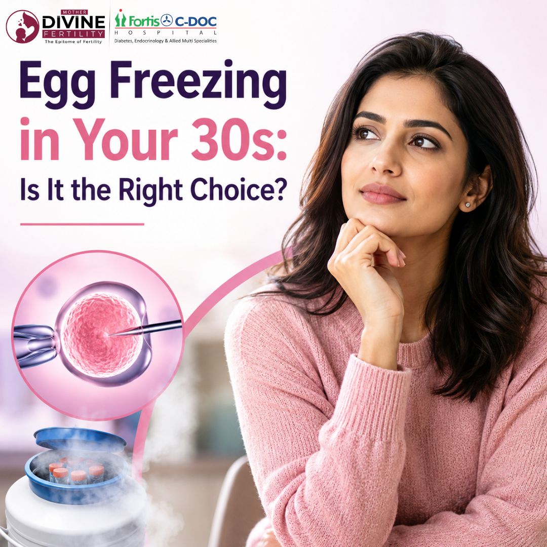 Egg Freezing in Your 30s: Is It the Right Choice? A woman considering fertility preservation with medical illustrations of egg freezing and cryopreservation.