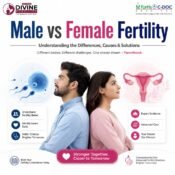 Male vs Female Fertility illustration showing a couple with male sperm and female reproductive system, explaining fertility differences, causes, and treatments.