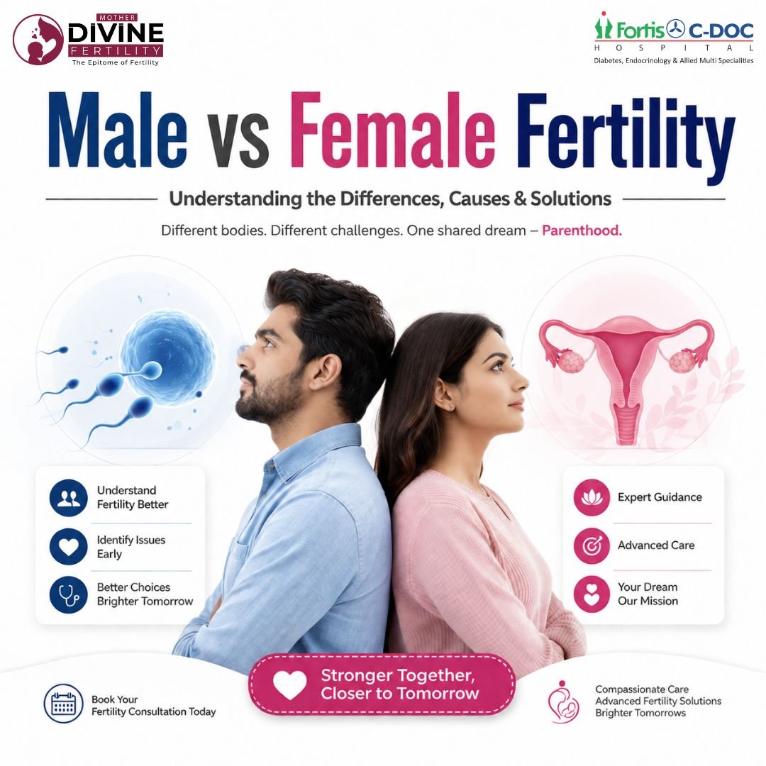 Male vs Female Fertility illustration showing a couple with male sperm and female reproductive system, explaining fertility differences, causes, and treatments.